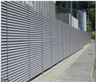 Long grey angled privacy slat fence
