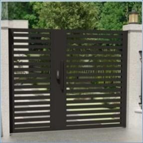 Black double swing gate in horizontal slats