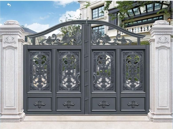 Grey heritage style swing gates with decorative panels