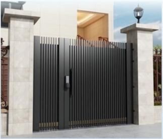 Tall black vertical slat pedestrian gate