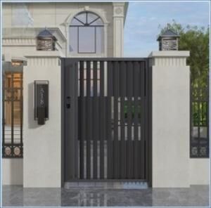 Black vertical bar pedestrian gate between pillars