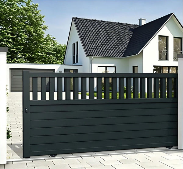 Charcoal sliding gate with solid lower panel and slatted top