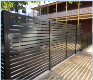 Black horizontal slat fence with gaps