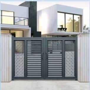 Grey slat swing gates with laser-cut screen side panels