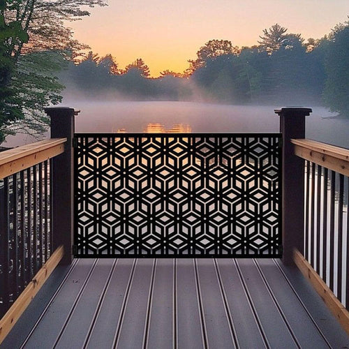 Deck with a hex pattern screen at dusk