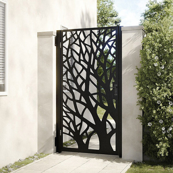 Black pedestrian gate with a branch pattern laser-cut screen