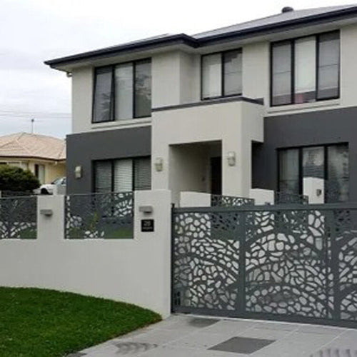 Front fence with laser-cut screen panels